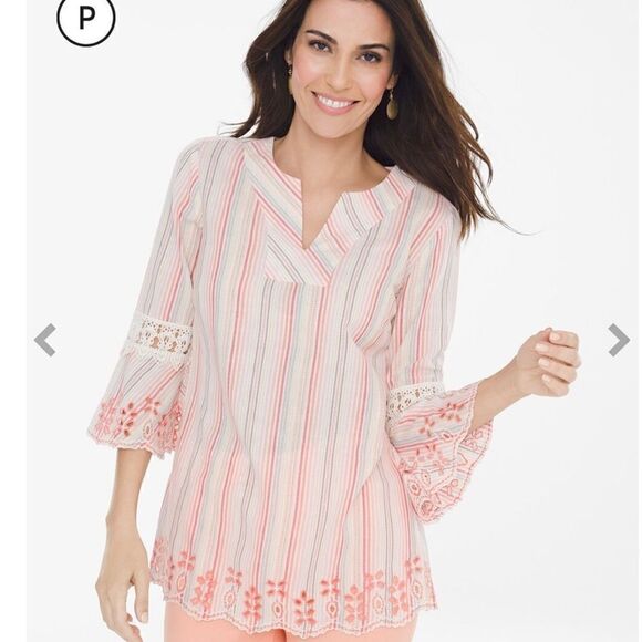 Chicos textured lace trim cotton tunic. Sz L - Picture 1 of 9
